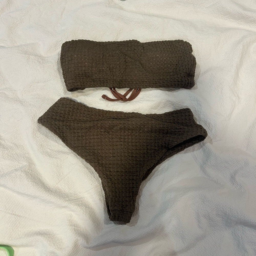 Zaful Chocolate Brown Textured Bandeau Bikini Set